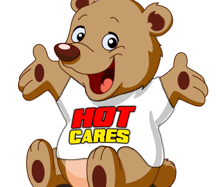 Cartoon brown bear sitting with arms open, smiling, and wearing a white T-shirt that says HOT CARES in bold red and yellow letters.