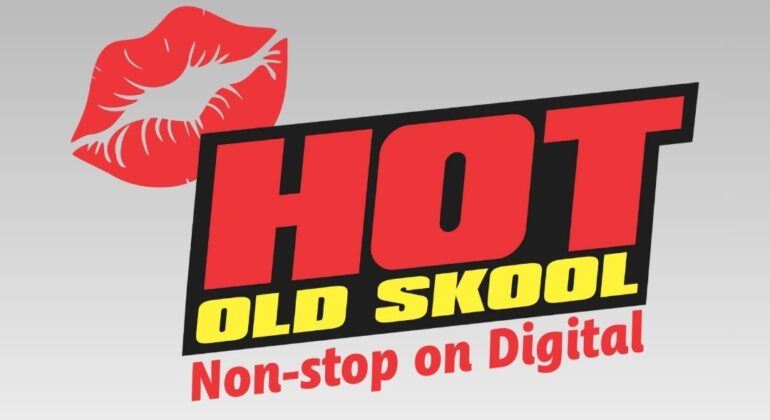A red lipstick kiss mark and bold text reading HOT OLD SKOOL with Non-stop on Digital underneath, all set against a sleek gradient gray background for that non stop vibe.