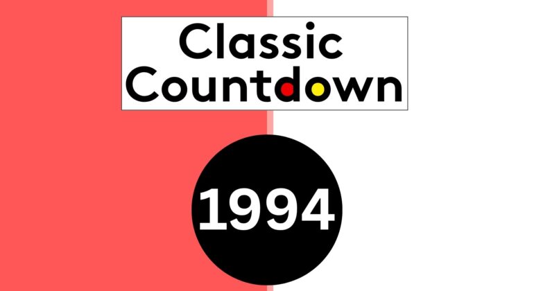 A graphic with a red and white split background, featuring the text Classic Countdown in black letters with colored os, and a large black circle below containing 1994 in white—perfect for capturing nostalgia from the 1994 car market.