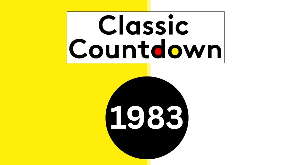 A split yellow and white background with a black circle containing 1983. Above it, the words Classic Countdown appear in black text, with d in red, o in yellow, and w in black.