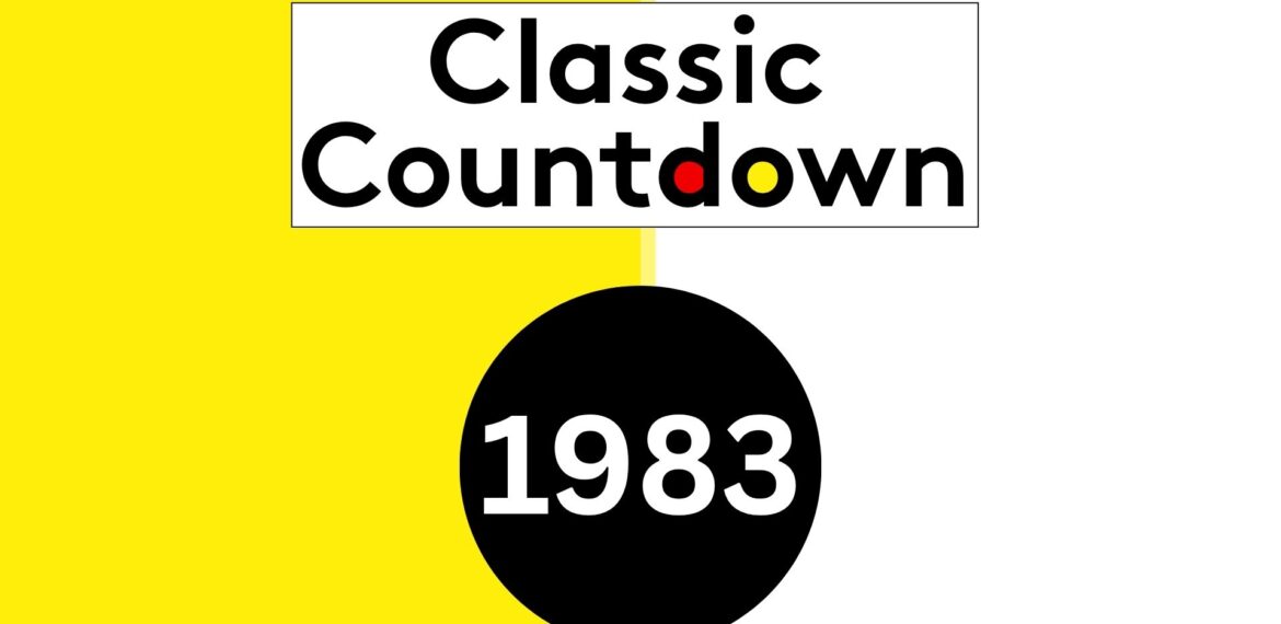 A split yellow and white background with a black circle containing 1983. Above it, the words Classic Countdown appear in black text, with d in red, o in yellow, and w in black.
