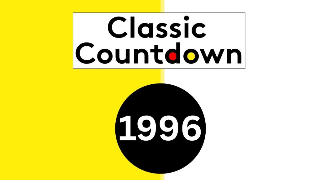 A vibrant graphic with a yellow and white background, featuring Classic Countdown in bold black text, and “1996” in white inside a large black circle. The o in Countdown is playfully colored red and yellow for a classic touch.