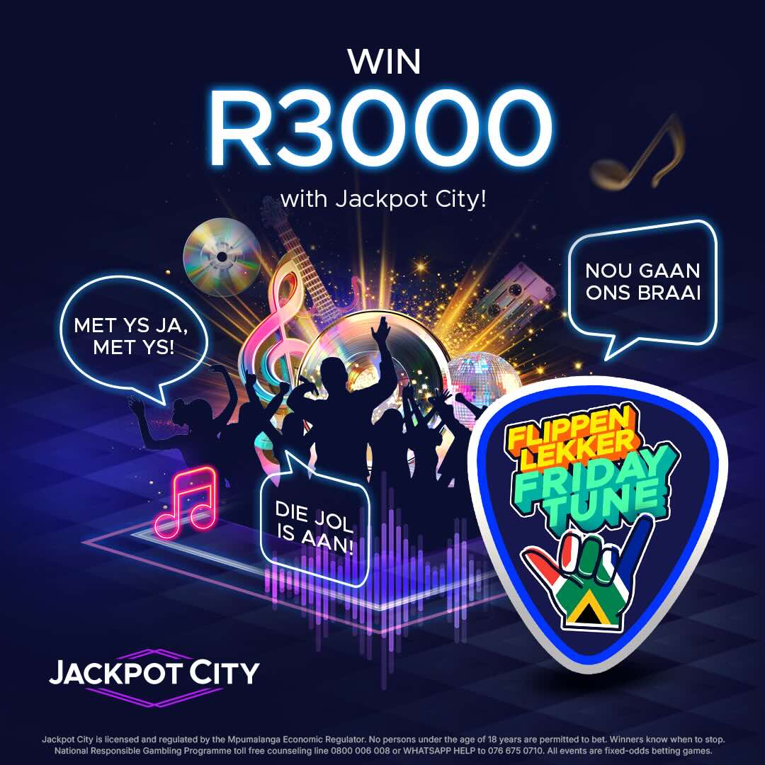 Colorful promotional graphic for Jackpot City featuring Win R3000 text, people dancing, musical notes, and speech bubbles in Afrikaans. A bright badge reads Flippen Lekker Friday Tune on the right side.