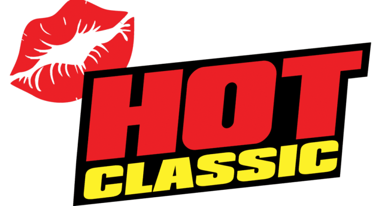 A red lipstick kiss mark appears above bold text reading HOT in red with black outline and CLASSIC in yellow with black outline on a white background.