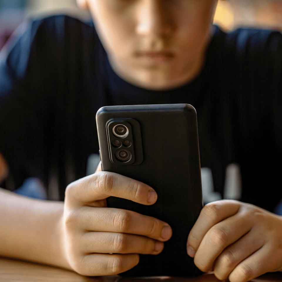 A child sits at a table holding a smartphone with both hands, focusing intently on the screen. The background is blurred.