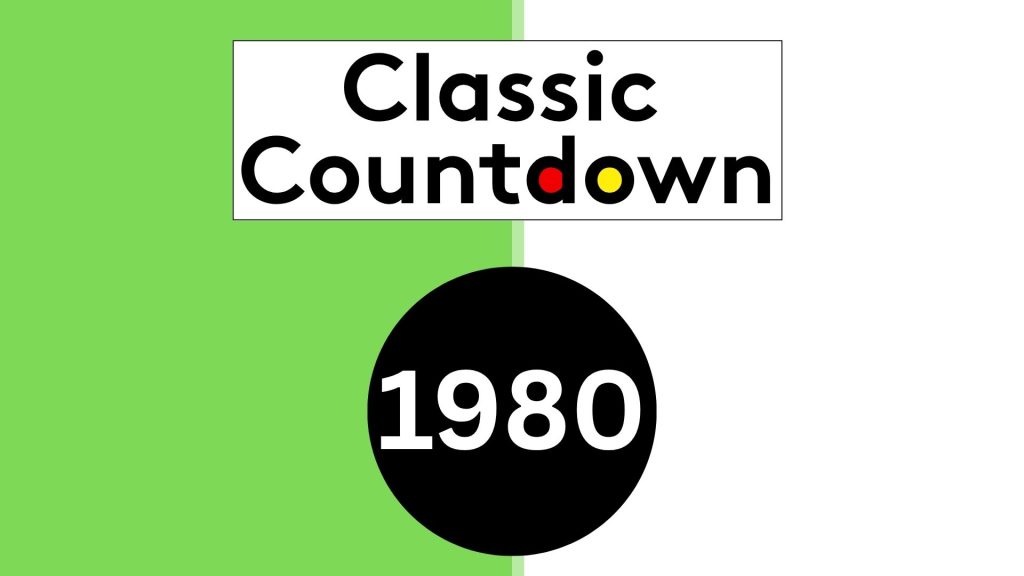A graphic with a green and white split background, the words Classic Countdown in bold black text, and a large black circle at the bottom displaying 1980 in white—highlighting global shifts of that era.