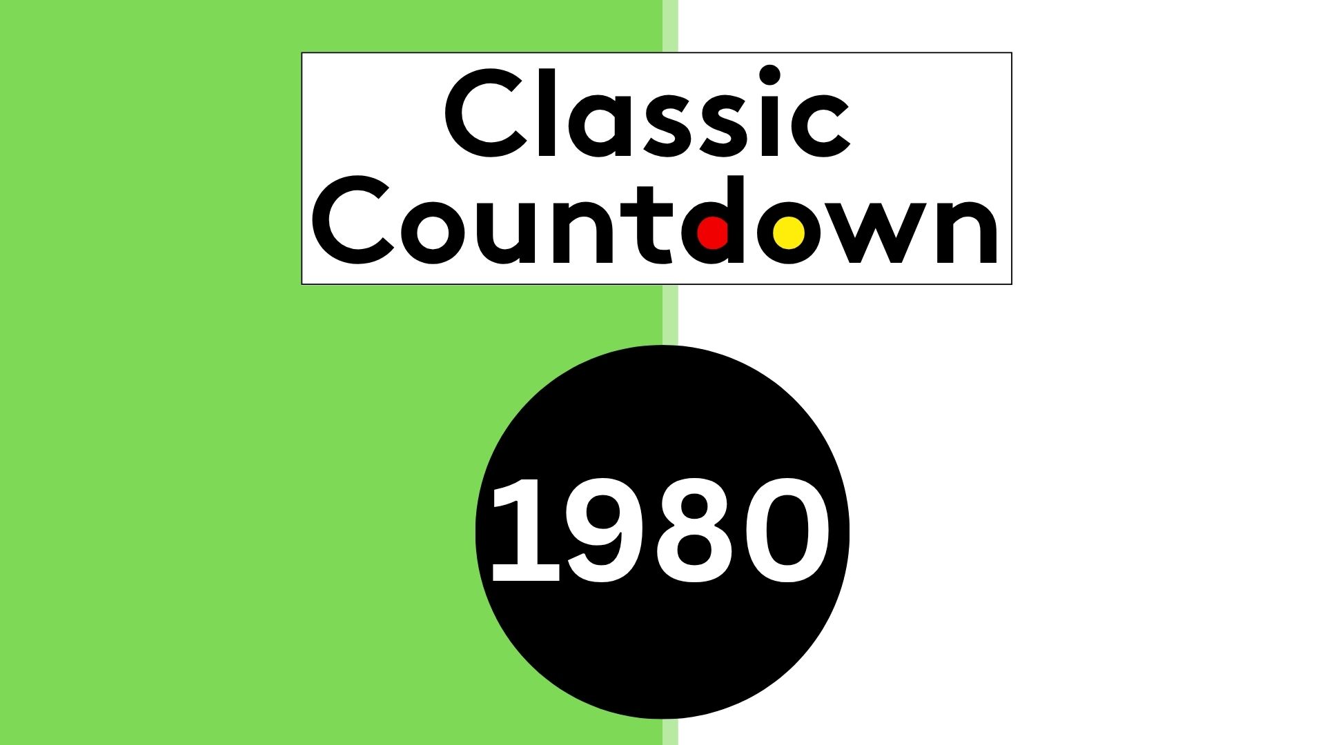A graphic with a green and white split background, the words Classic Countdown in bold black text, and a large black circle at the bottom displaying 1980 in white—highlighting global shifts of that era.