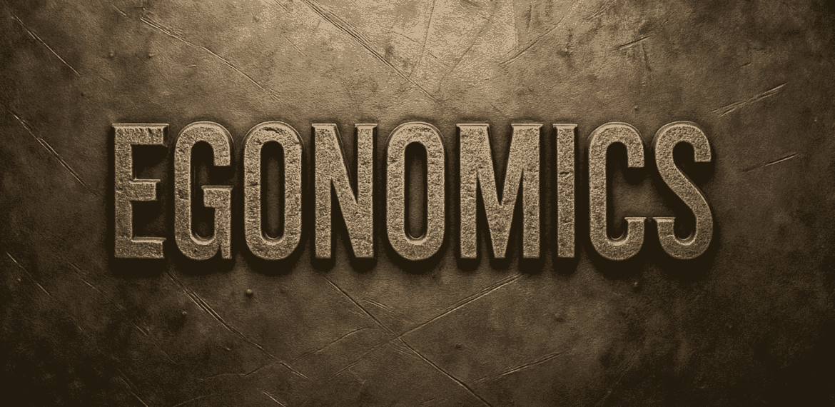 The word EGONOMICS is displayed in large, bold, metallic letters on a textured, dark bronze background with visible scratches and marks, setting it apart from fleeting fads.