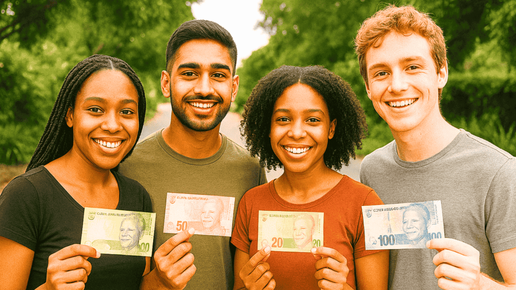 Four smiling Gen Zs stand outdoors, each holding a South African rand banknote—10, 20, 50, and 100 rand—in their hands. Green trees line the background.