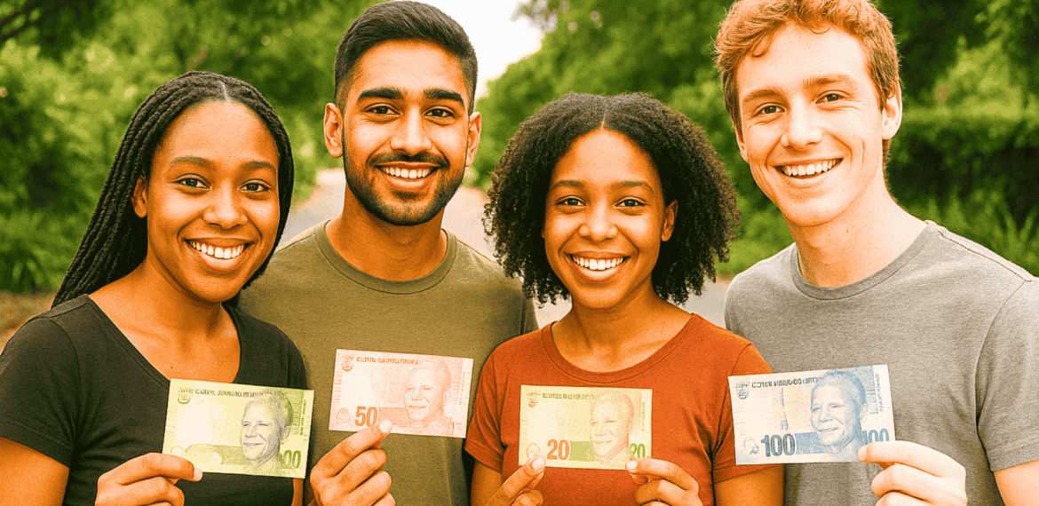 Four smiling Gen Zs stand outdoors, each holding a South African rand banknote—10, 20, 50, and 100 rand—in their hands. Green trees line the background.