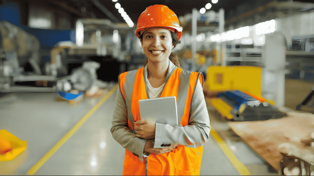 A smiling woman wearing an orange safety vest and hard hat stands in a warehouse, holding a tablet. The background shows industrial equipment and materials, with bright lighting and blurred details.