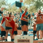 Three men, including Ryno Nel, stand on a winners’ podium at a strongman competition, holding trophies and draped in flags. The central champion raises his trophy high as a cheering crowd and large weights fill the background.