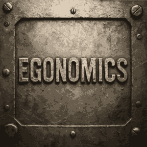 The word EGONOMICS is embossed in bold, metallic letters on a textured, industrial metal plate with bolts in each corner, standing strong against fleeting fads.