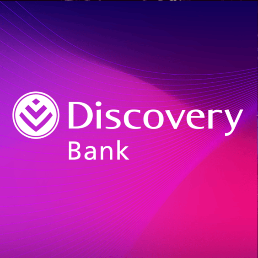 Discovery Bank logo with white text and emblem on a purple and pink gradient background with curved lines.