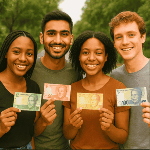 Four smiling Gen Zs stand outdoors holding colorful South African Rand banknotes, each displaying a different value: 10, 20, 50, and 100. Lush green trees line the background.