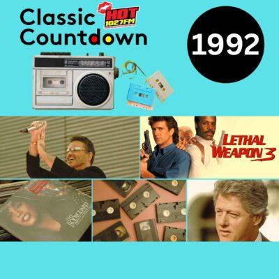 A collage labeled Classic Countdown 1992 features a radio, cassette tapes, man singing, Lethal Weapon 3 poster, VHS tapes, Donna Summer album, and former U.S. President Bill Clinton—capturing global shifts on a vibrant teal background.