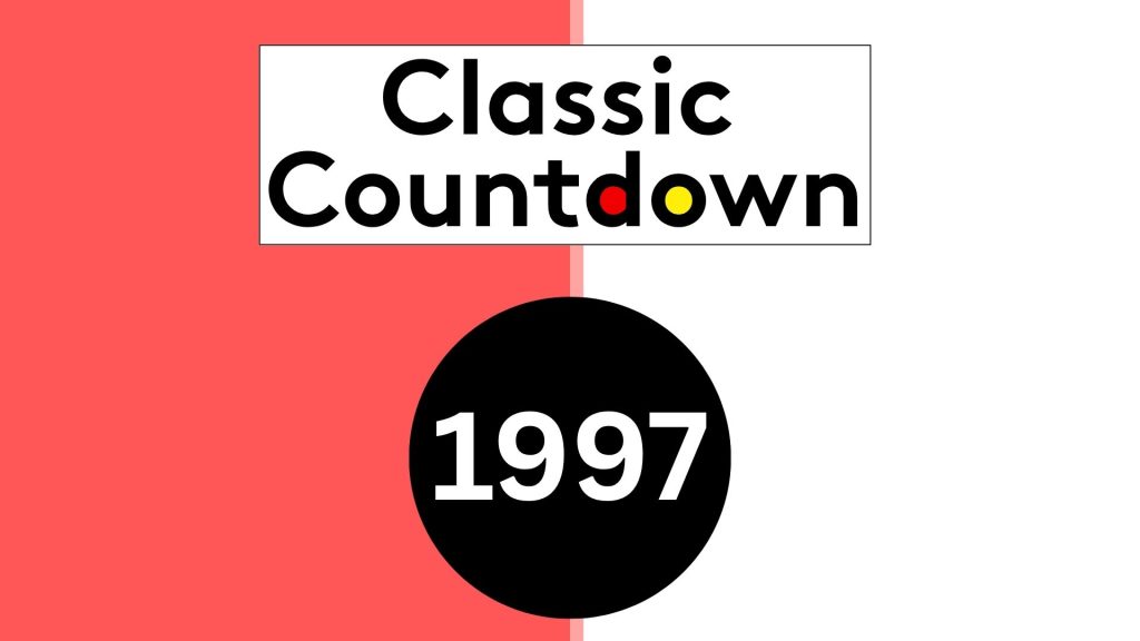 A graphic with a red and white split background, text reads Classic Countdown with colored “o” letters, and a large black circle below contains the number 1997 in white, subtly hinting at planetary shifts in pop culture.