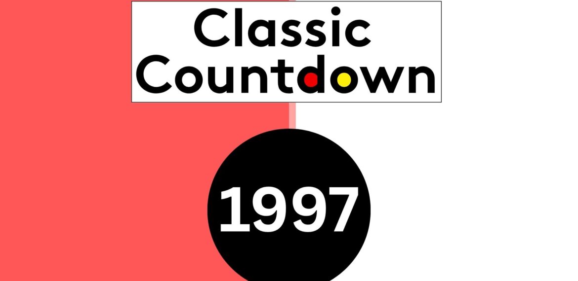 A graphic with a red and white split background, text reads Classic Countdown with colored “o” letters, and a large black circle below contains the number 1997 in white, subtly hinting at planetary shifts in pop culture.