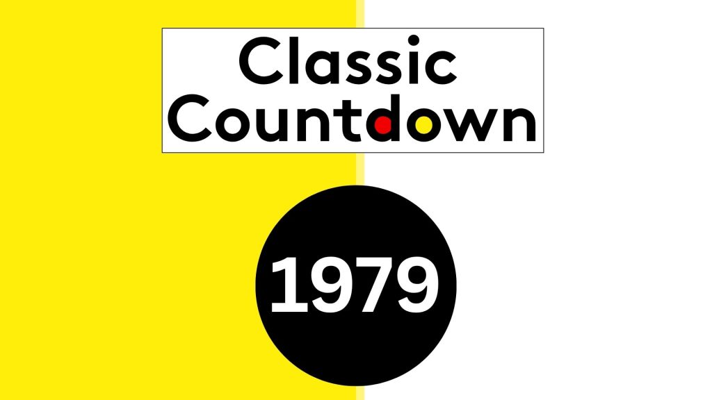 A graphic with a yellow and white split background, featuring the words Classic Countdown above a large black circle with 1979 written inside in white text. The letters d and o in countdown are colored red and yellow, evoking a disco vibe.