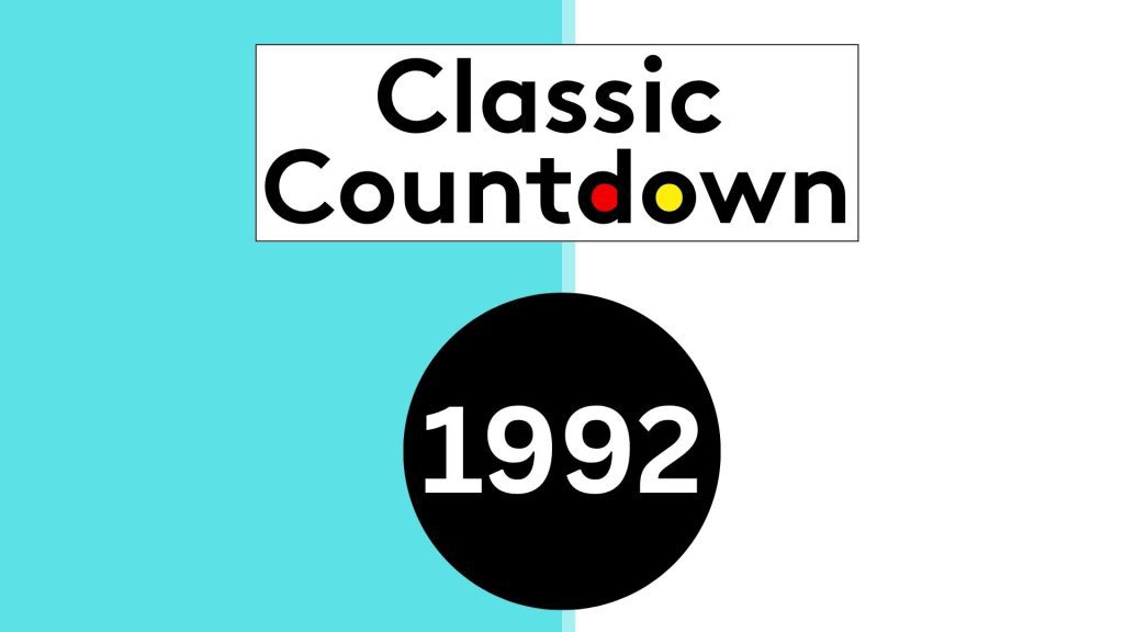 A split blue and white background with the words Classic Countdown in black text above a black circle containing 1992 in white text, highlighting global shifts. The letters o and d in Countdown are colored yellow and red.
