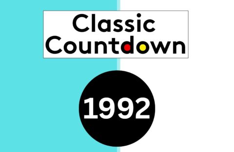 A split blue and white background with the words Classic Countdown in black text above a black circle containing 1992 in white text, highlighting global shifts. The letters o and d in Countdown are colored yellow and red.