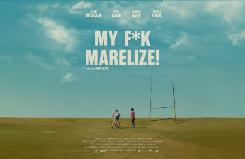 Two people stand on a vast grassy field near rugby goalposts under a blue sky. Large white text over the sky reads, MY F*K MARELIZE! with film credits and actor names above and below.