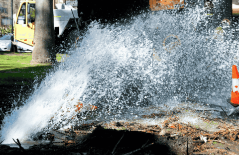 Water bursts forcefully from a broken underground pipe in a park, spraying high into the air. A traffic cone stands nearby, and a utility truck is visible in the background.