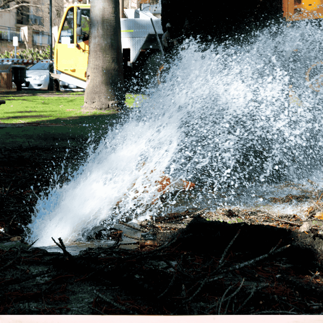 Water gushes forcefully from a broken pipe in a grassy area near a sidewalk, with a large tree and utility truck visible in the background.