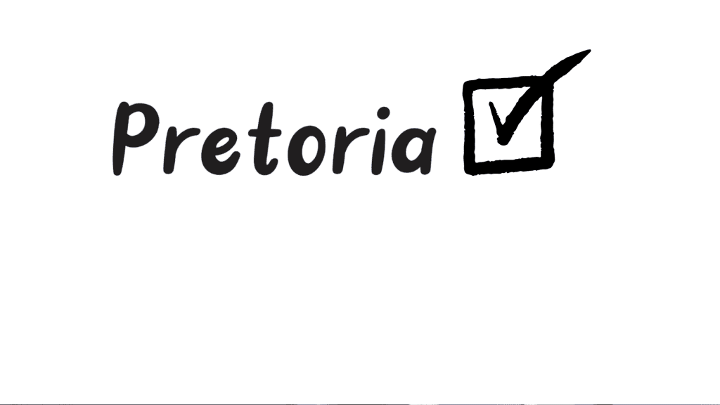 The word Pretoria is written in a handwritten font, followed by a bold check mark inside a square box, all on a white background.