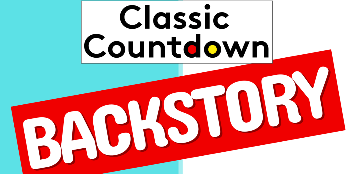 Logo with text Classic Countdown above a bold red banner reading BACKSTORY on a split light blue and white background, evoking the energy of legends like Freddie Mercury.