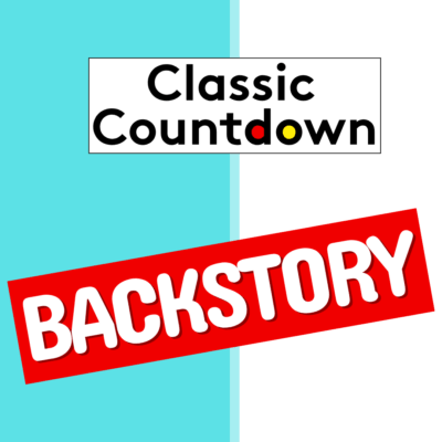 A graphic with Classic Countdown in black text above colored letters, and BACKSTORY in bold white text on a red diagonal banner, set against a split aqua and white background—perfect for a feature on Freddie Mercury.