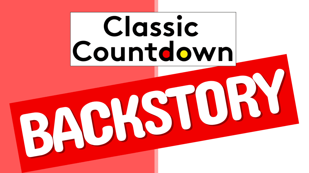A graphic with Classic Countdown in bold black letters above a large red banner reading BACKSTORY in white, all set against a pink and white split background.