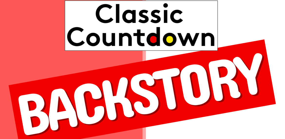 A graphic with Classic Countdown in bold black letters above a large red banner reading BACKSTORY in white, all set against a pink and white split background.