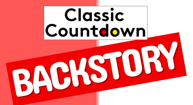 A graphic with Classic Countdown in bold black letters above a large red banner reading BACKSTORY in white, all set against a pink and white split background.