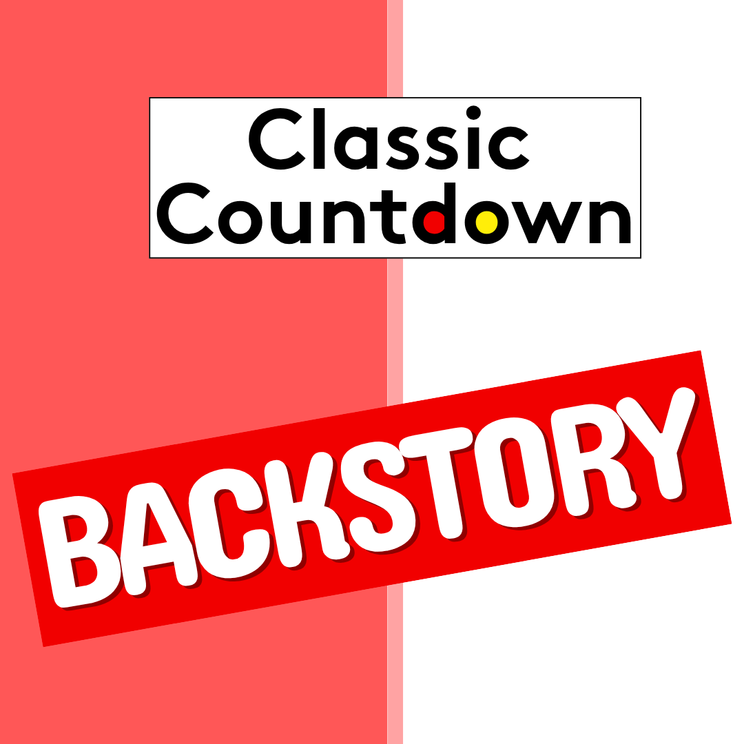 A graphic with Classic Countdown in black text on a white rectangle, and BACKSTORY in bold white letters on a red rectangle, with a pink and white split background.