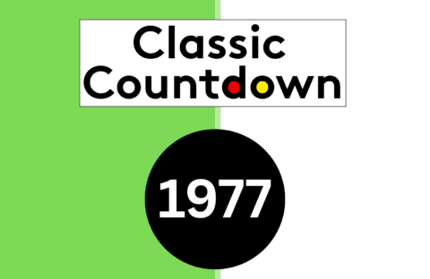 A graphic with a green and white split background, the text Classic Countdown in black with the letters d in red and o in yellow, and a black circle below containing 1977 in white, inspired by Titanic’s timeless legacy.