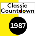 A graphic split vertically with yellow on the left and white on the right. At the top, text reads Classic Countdown in colored letters. Below, a large black circle shows 1987 in white—perfect for fans of retro mixtapes.