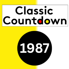 A graphic with a yellow and white split background reads Classic Countdown in bold letters, with the o in Countdown colored red and yellow. Below, a large black circle contains 1987 in white text, evoking the era of iconic mixtapes.