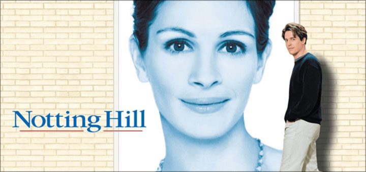 Movie poster for Notting Hill reminiscent of Titanic, featuring a large blue-tinted portrait of a woman’s face on a brick wall, with a man leaning against the wall, and the film title in bold blue text.