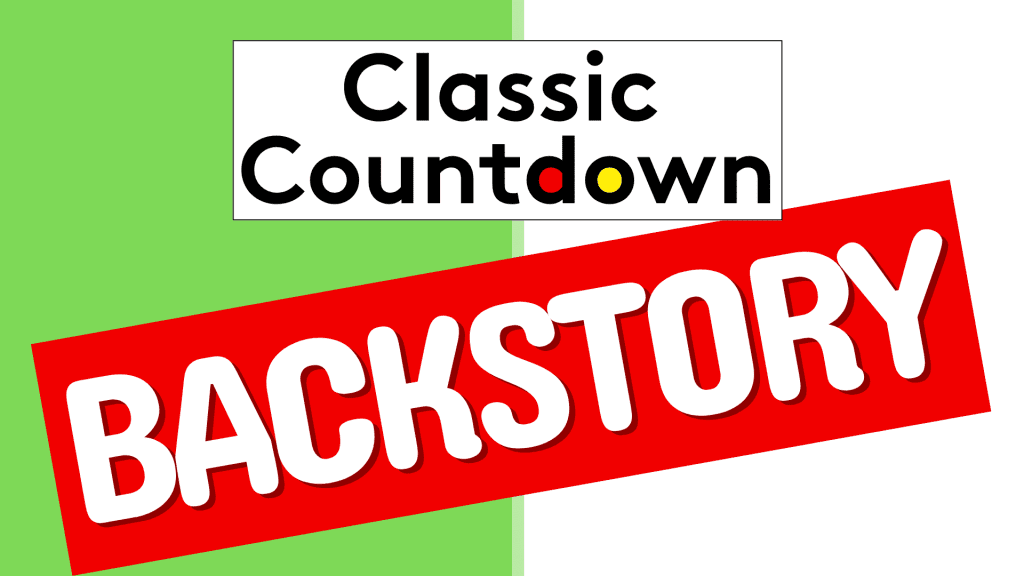 A graphic with Classic Countdown in bold black text on a white box, and BACKSTORY in large white letters on a red rectangle over a split green and white background.