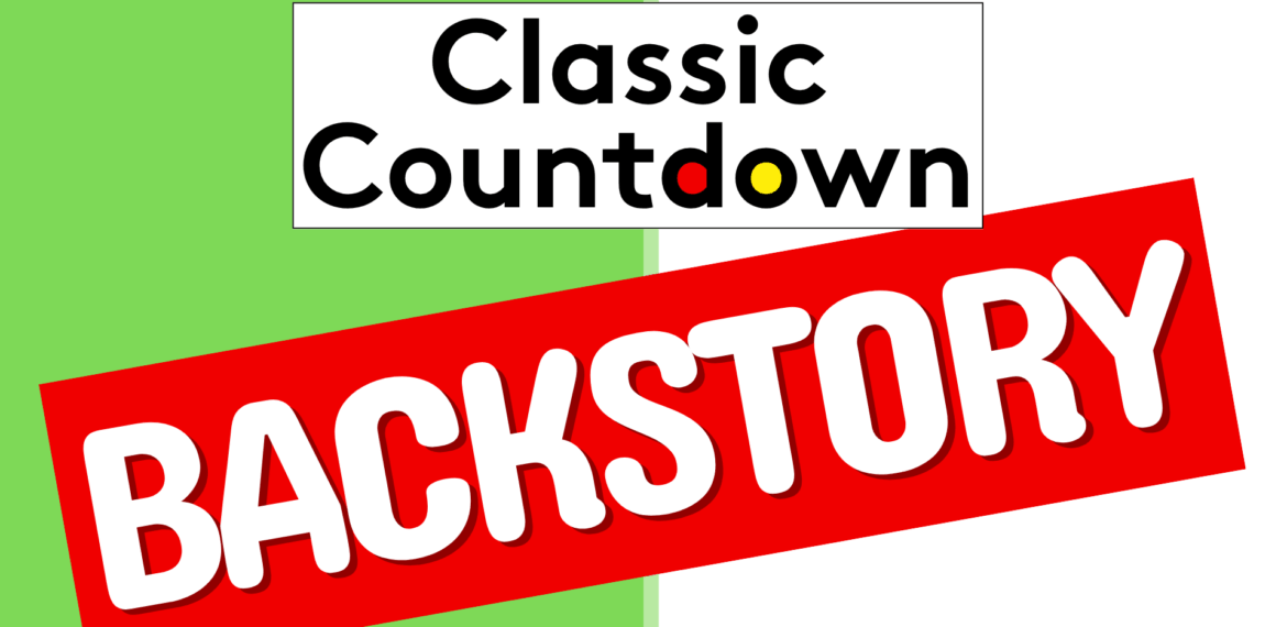 A graphic with Classic Countdown in bold black text on a white box, and BACKSTORY in large white letters on a red rectangle over a split green and white background.