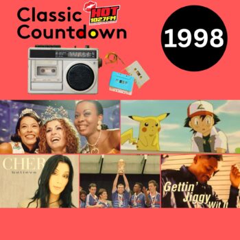 A collage with Classic Countdown 1998 text features a radio, cassette tapes, Destiny’s Child, Pikachu and Ash, Cher, Frances soccer team with the World Cup trophy, and Will Smith from Gettin Jiggy Wit It—capturing the global shifts of that iconic year.