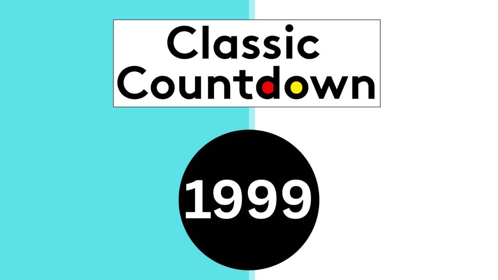 A graphic with a split turquoise and white background features the text Classic Countdown above a large black circle containing 1999 in white, evoking the nostalgia of mixtapes. The letters o and d in Countdown are yellow and red, respectively.
