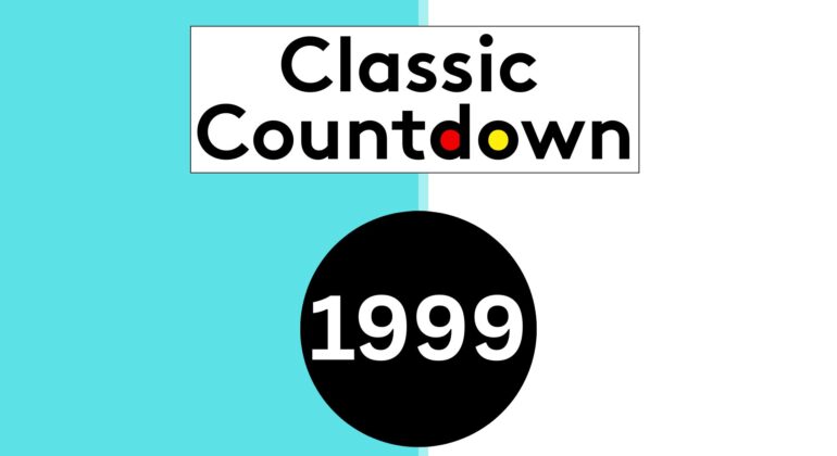A graphic with a split turquoise and white background features the text Classic Countdown above a large black circle containing 1999 in white, evoking the nostalgia of mixtapes. The letters o and d in Countdown are yellow and red, respectively.
