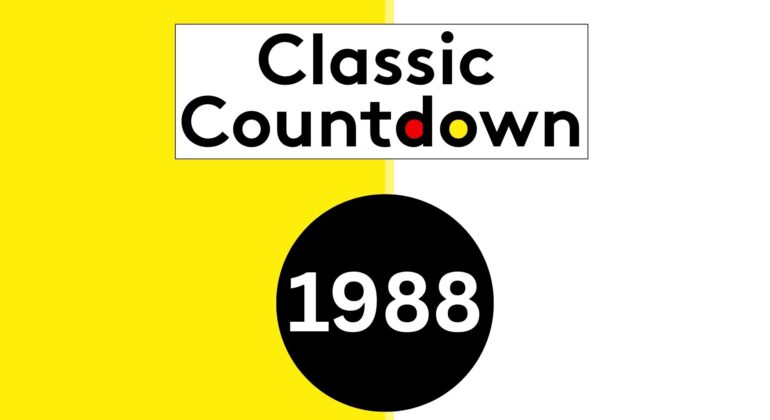A graphic with a yellow and white split background. Text reads Classic Countdown with colored letters, above a large black circle containing 1988 in white—capturing the era’s energy during major global shifts.