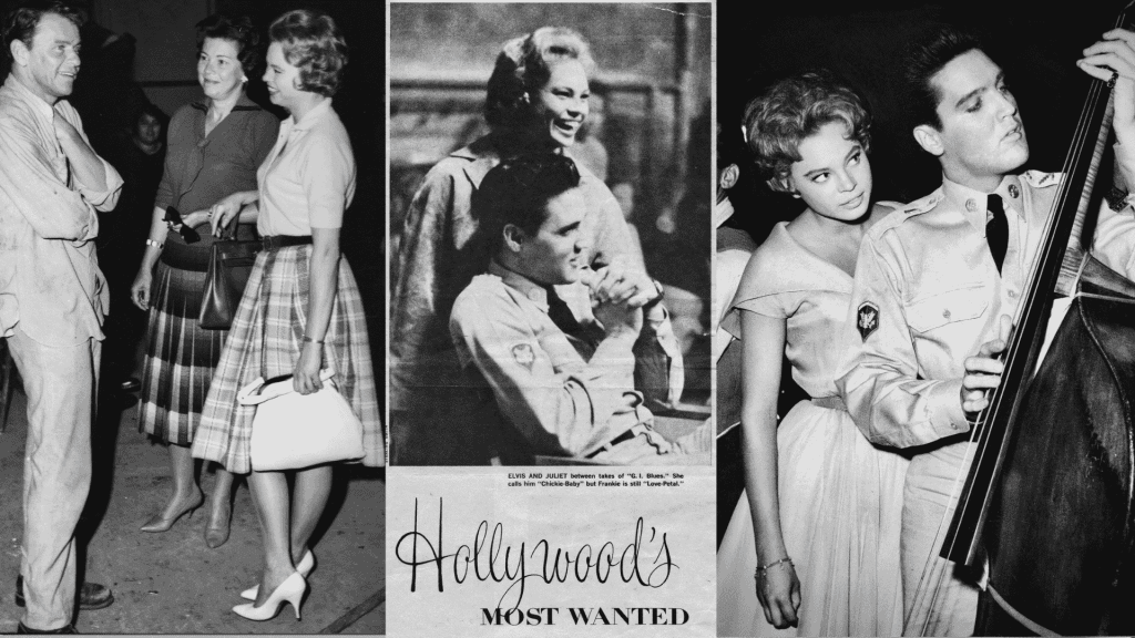 A collage of three black-and-white photos: people chatting, two women smiling, and a man in uniform playing a large string instrument with a woman beside him. The center features the text Hollywood’s MOST WANTED.