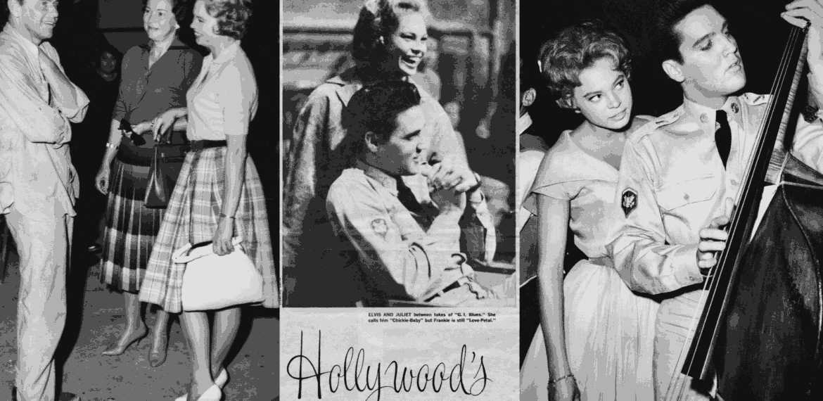 A collage of three black-and-white photos: people chatting, two women smiling, and a man in uniform playing a large string instrument with a woman beside him. The center features the text Hollywood’s MOST WANTED.