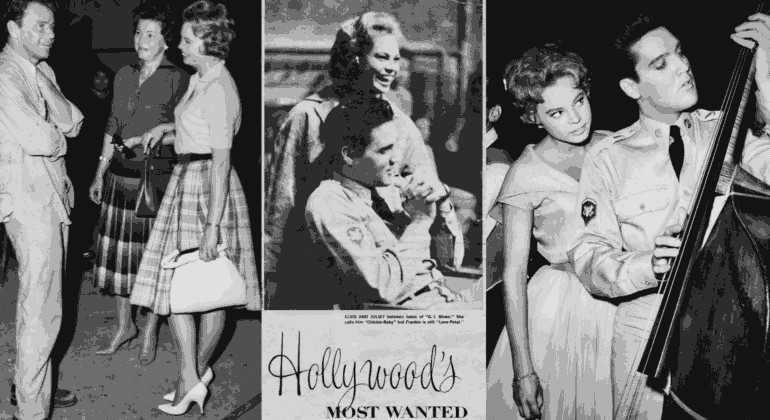 A collage of three black-and-white photos: people chatting, two women smiling, and a man in uniform playing a large string instrument with a woman beside him. The center features the text Hollywood’s MOST WANTED.
