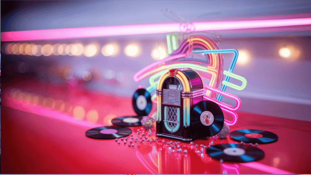 A retro jukebox surrounded by vinyl records and beads sits on a shiny red counter, with neon lights and blurred bulbs glowing in the background, creating a vibrant, nostalgic diner atmosphere.