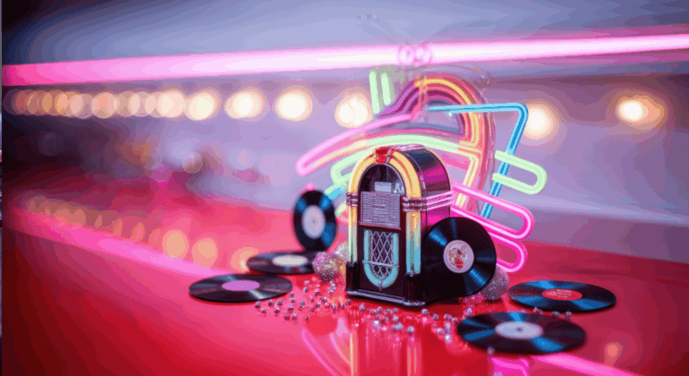 A retro jukebox surrounded by vinyl records and beads sits on a shiny red counter, with neon lights and blurred bulbs glowing in the background, creating a vibrant, nostalgic diner atmosphere.